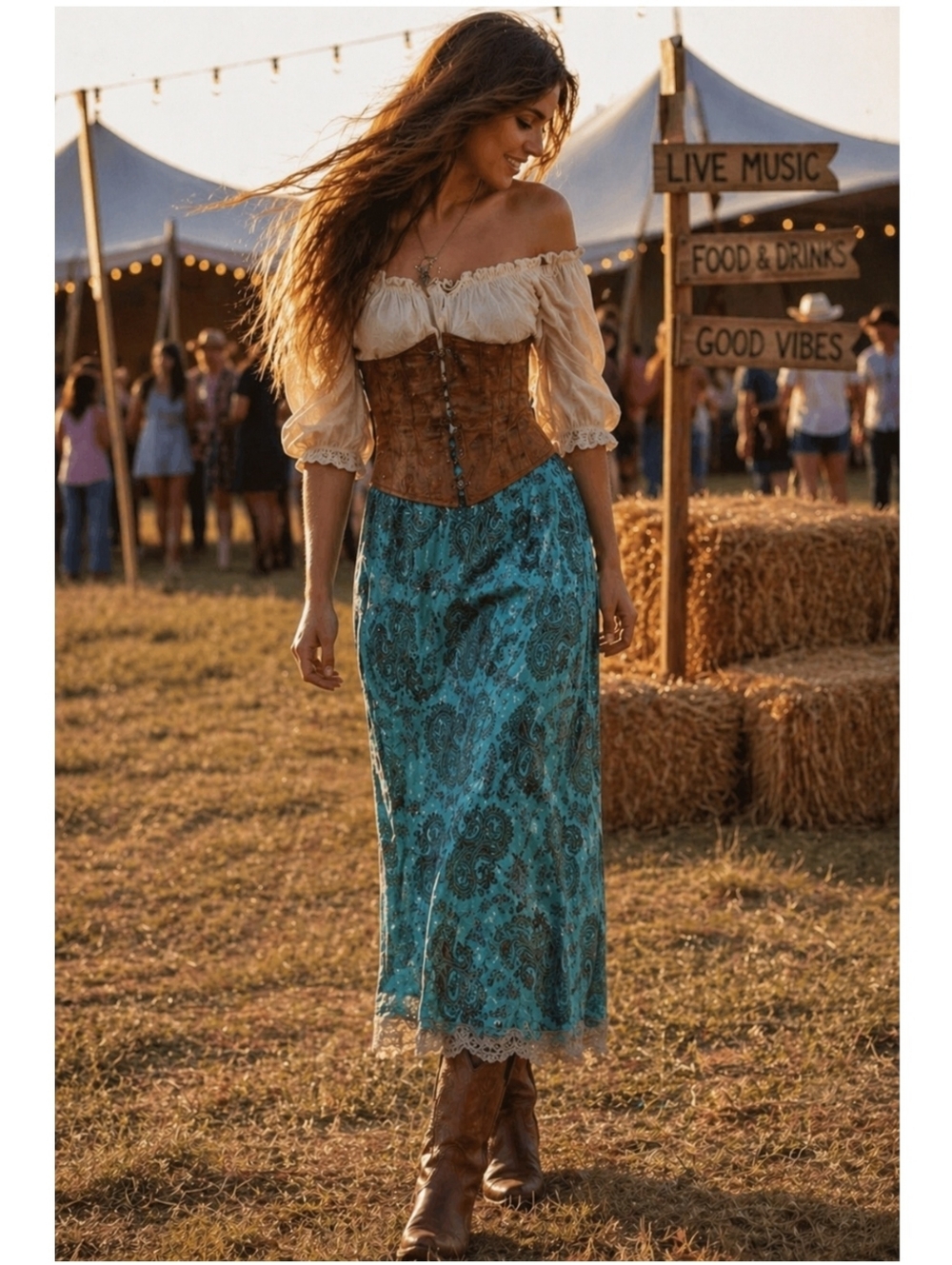 VTG Y2K 2000s Large-XL Maxi Slip Skirt Turquoise Teal Paisley Bottom lace Whimsy